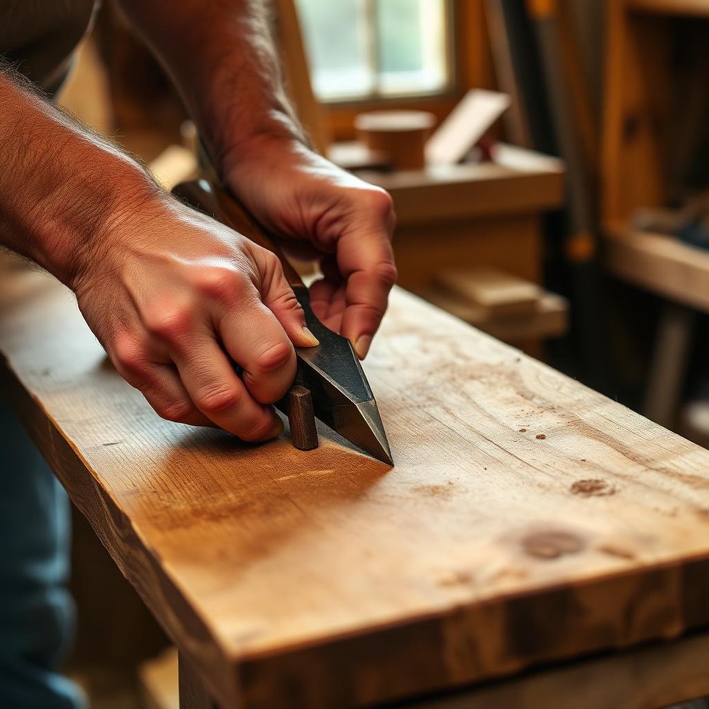 Skilled hands working a wood plank with a traditional hand tool