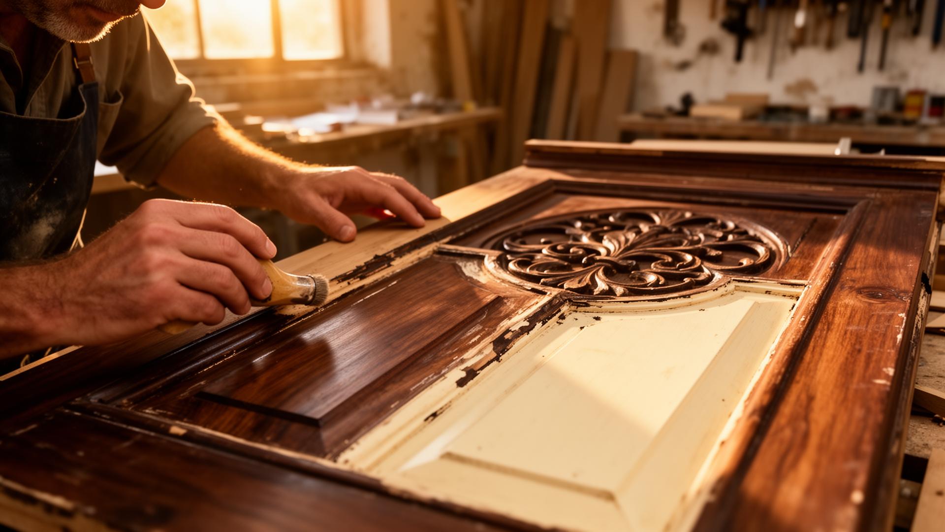 Master craftsman restoring an ornate antique wooden door in a sunlit San Antonio workshop